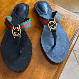 Gucci Black Sandals with Red and Green Straps